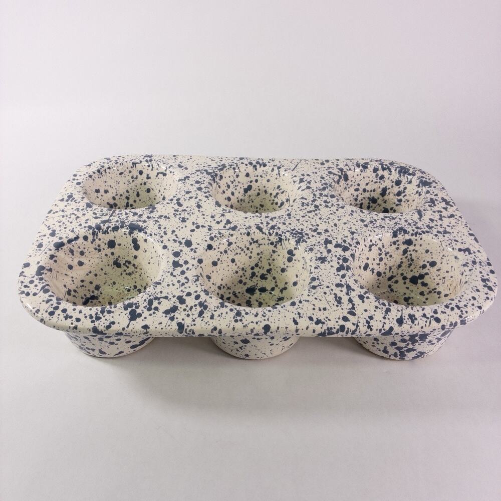 Vintage Dr Douglas Wonder Baker 6 Muffin Pan Glazed Ceramic Blue Splatter